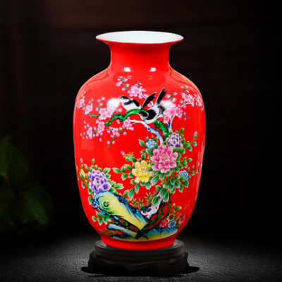 客厅书房电视柜装饰品 景德镇陶瓷花瓶中国红瓷器摆件