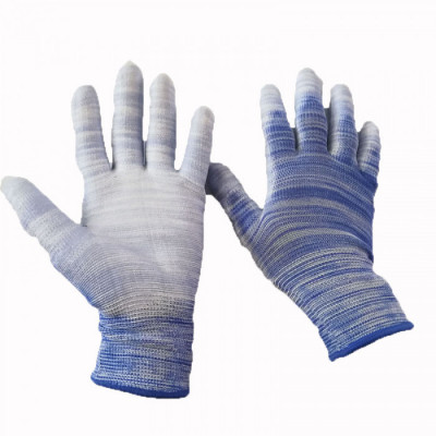 厂家直销蓝白条纹PU涂掌劳保防护尼龙手套