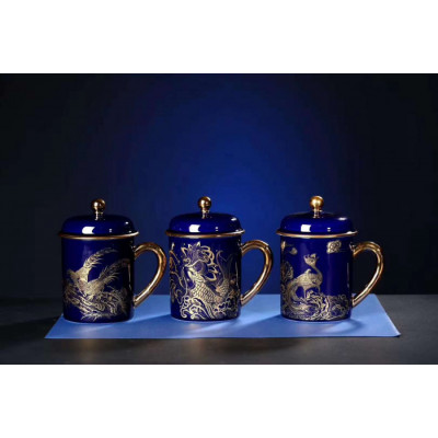 创意新品陶瓷霁蓝茶杯  员工礼品陶瓷茶杯定制